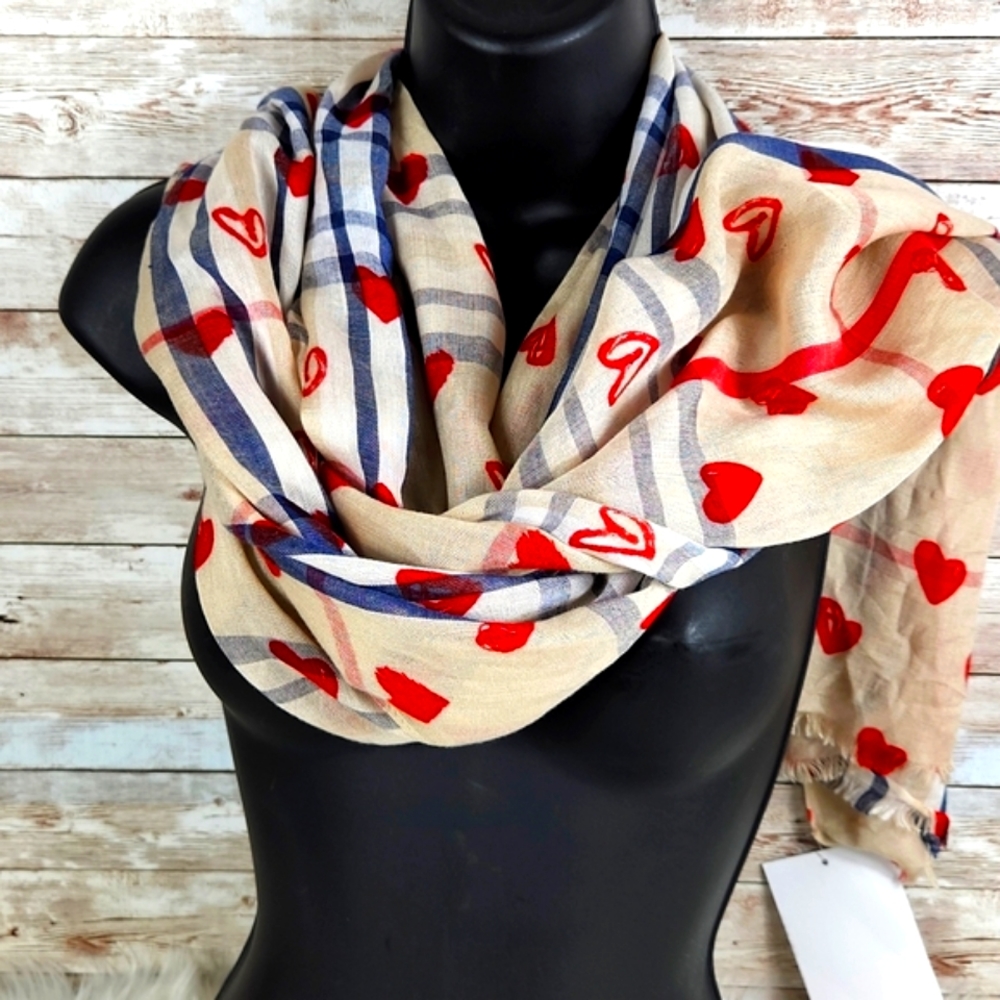 NWT, The Blanket Wrap, Taupe, Denim, and Red Hearts, 21"W x 74"L Great for VDay! - Picture 2 of 4